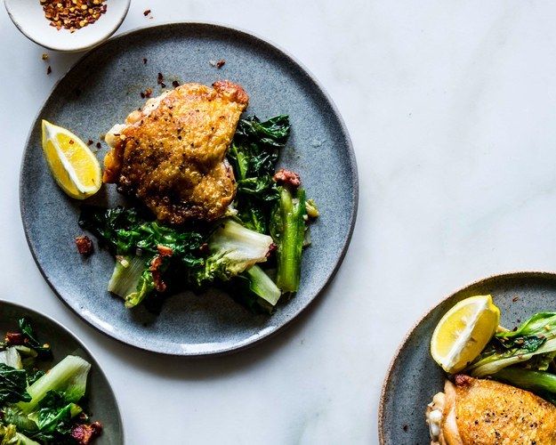 Crispy chicken thighs with bacon and wilted escarole can be yours for the low price of PATIENCE.