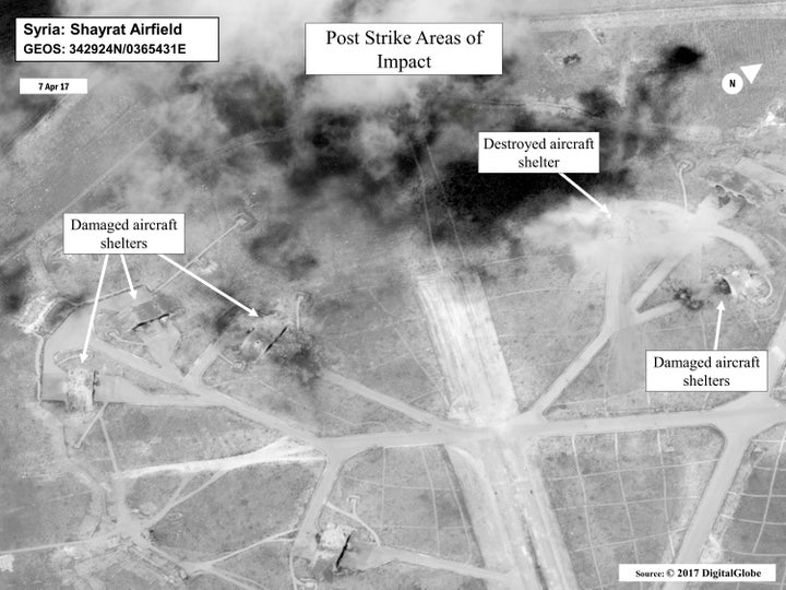 Battle damage assessment image of Shayrat Airfield, according to the Department of Defense.