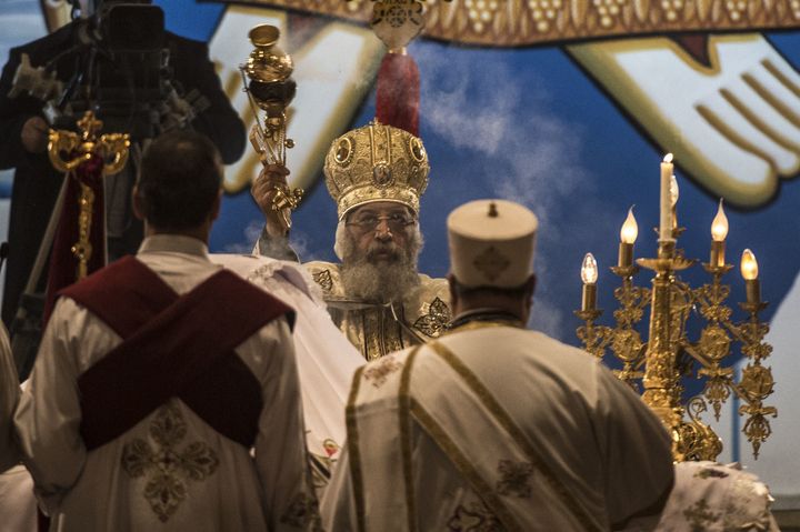 Egyptian Coptic Christian religious leader Pope Tawadros II leads Christmas celebration at the St. Mark's Coptic Orthodox Cathedral in the Abbassia District of Cairo on January 6, 2017.