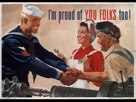 <p>Not all propaganda is designed to create hatred or anger: This World War II-era postcard was used to encourage factory workers on the home front and help citizens see how their effort supported the war.</p>