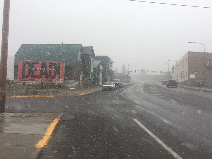 <p>During an April snow shower</p>