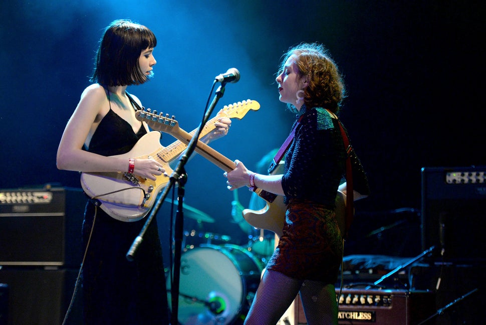 Night (L) and Genessa Gariano of The Regrettes perform at a Planned Parenthood benefit.