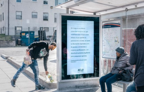 A First Amendment billboard at a bus stop in Washington.