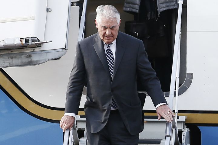 Secretary of State Rex Tillerson arrives to a welcoming ceremony at Moscow's Vnukovo International Airport.