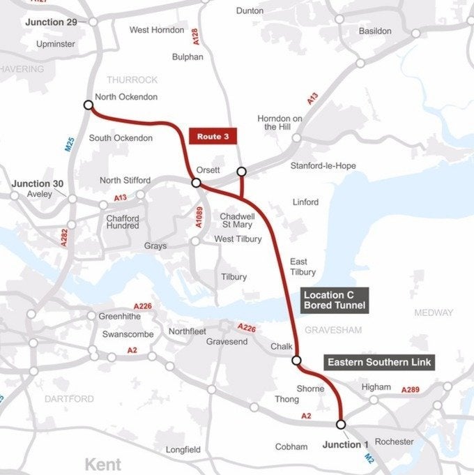 The route will go from Tilbury, Essex to Gravesend in Kent (click here for a zoomable version of this map)