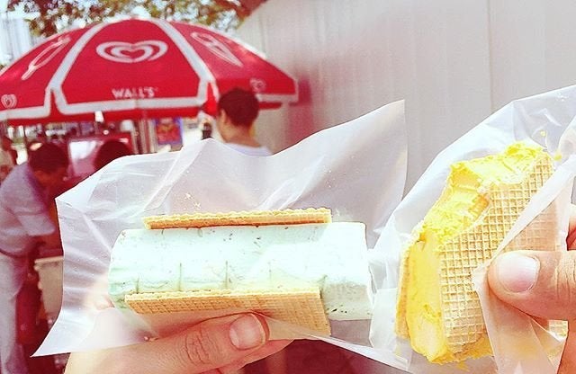 Ice cream uncles in Singapore. You can get your slice of ice cream served between two wafer cookies, as pictured above, or in wrapped in a slice of sweet bread.