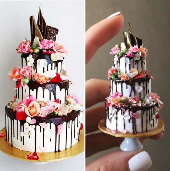 On the left, an actual wedding cake. On the right, Dyke's miniature recreation.