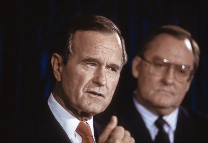 Vice President George H.W. Bush at campaign stop in Chicago with Republican Governnor James Thompson in November 1987.