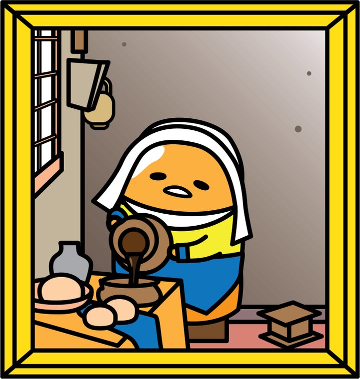 Gudetama offering a very cute interpretation of "The Milkmaid" by Vermeer.