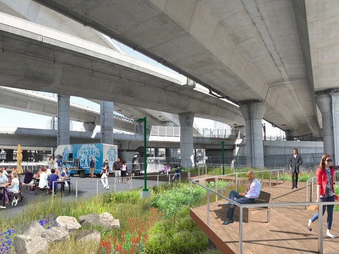 <p>A rendering shows Landing Studios' plans to rejuvenate the vacant space below Boston's Interstate 93.</p>