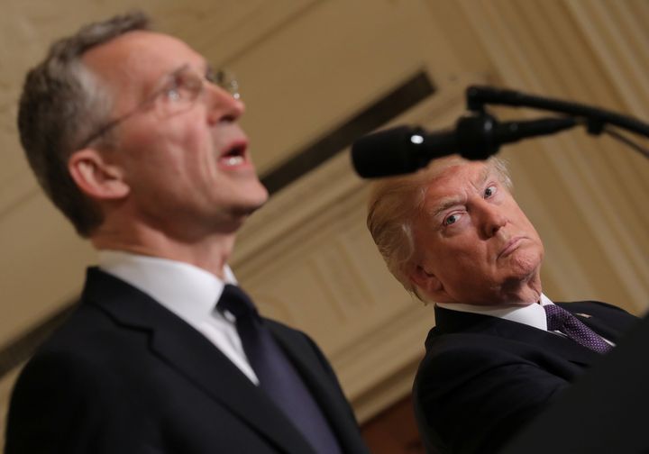 President Donald Trump and NATO Secretary-General Jens Stoltenberg hold a joint news conference in the East Room at the White House, April 12, 2017.