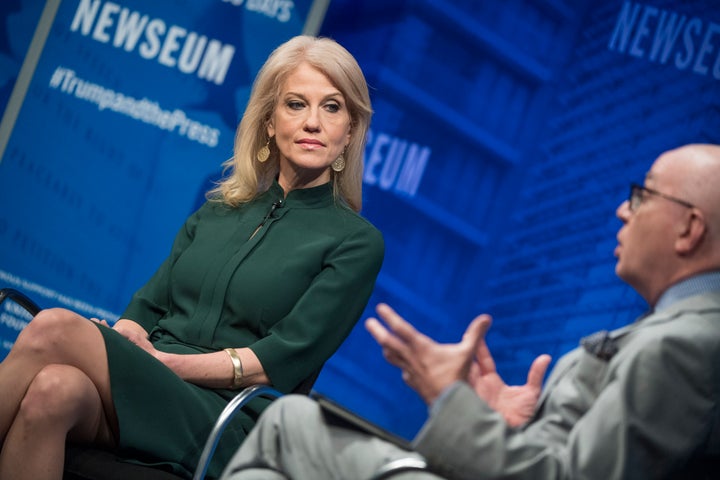 White House adviser Kellyanne Conway is interviewed by Michael Wolff during a discussion at the Newseum.