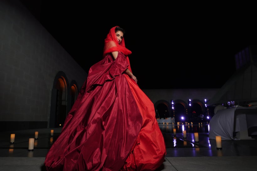 Princess Deena Aljuhani Abdulaziz wearing a custom Zac Posen gown at the Doha Museum of Islamic Art