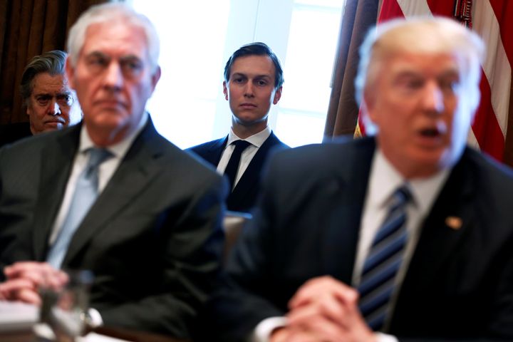 White House advisors Bannon (L) and Jared Kushner (C) with Trump and secretary of state Rex Tillerson 