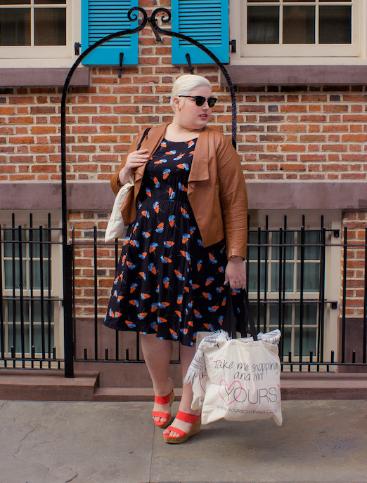 Scarlett & Jo Black, Coral & Blue Floral Print Dress With Pockets, £50, from Yours Clothing.