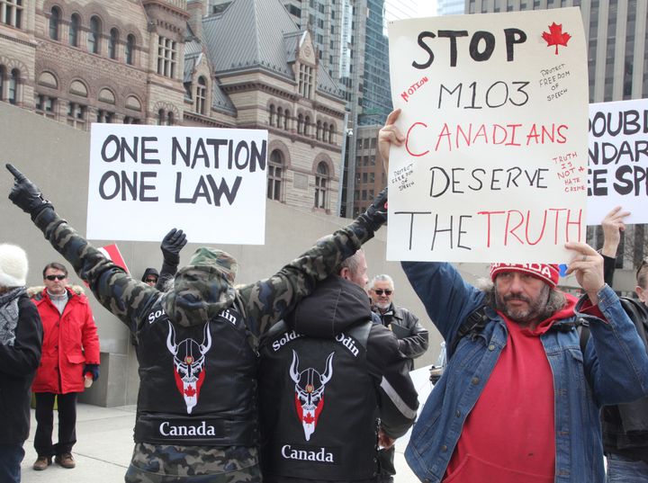 Canadians protest against M-103 in Toronto, part of a wave of demonstrations and counter-demonstrations across the country in March.
