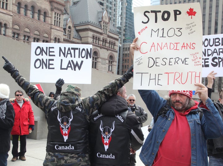 Canadians protest against M-103 in Toronto, part of a wave of demonstrations and counter-demonstrations across the count