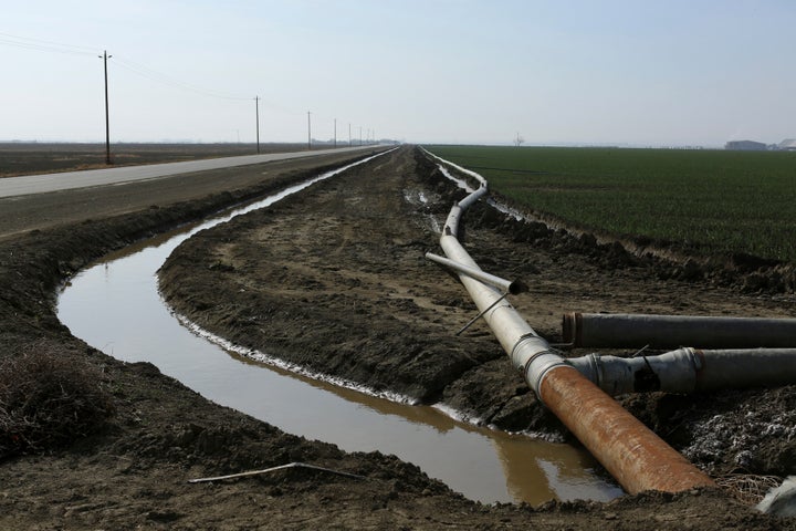 An irrigation pipe is seen at a farm near Cantua Creek, California. Communities in the San Joaquin Valley have been battling a dangerous pesticide byproduct in their drinking water.