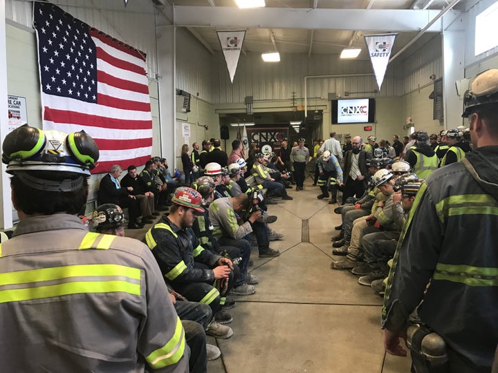 Coal miners at Pennsylvania's Harvey Mine wait for EPA Administrator Scott Pruitt to give a speech on Thursday.