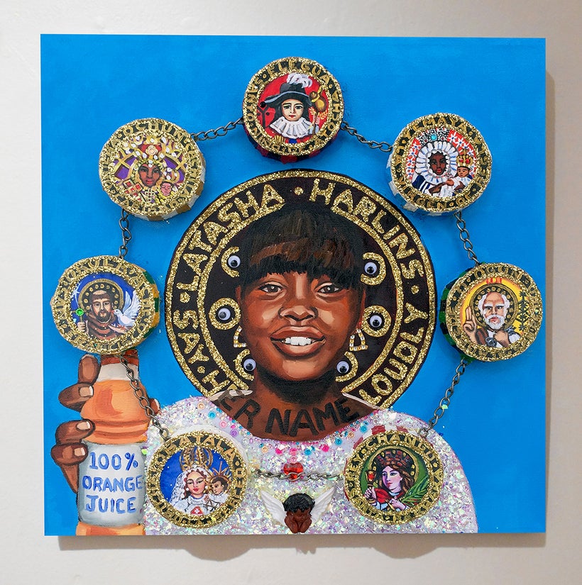Lili Bernard <em>“Latasha Harlins en El Cielo con Las 7 Potencias Africanas”</em>, Oil, Acrylic, Metal Chain, Glitter, Plasti