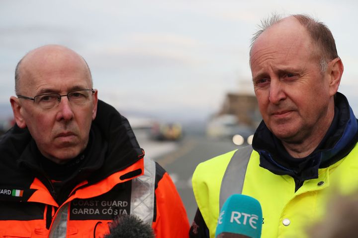 Gerard O'Flynn (left) Search and Rescue Operations manager with the Irish Coast Guard and Chief Inspector of Air Accidents, Jurgen Whyte, speak to the media following the crash 