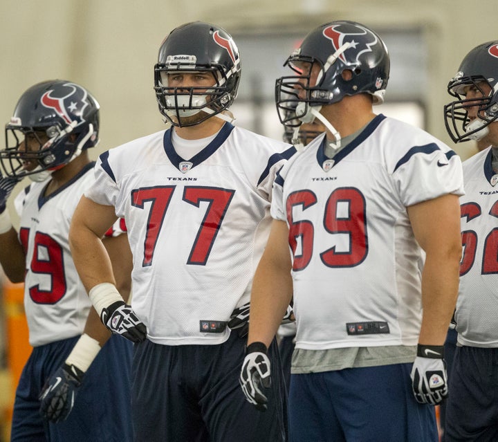 Houston Texans offensive lineman David Quessenberry (77), who was diagnosed with Non-Hodgkins Lymphoma, rang the bell wi