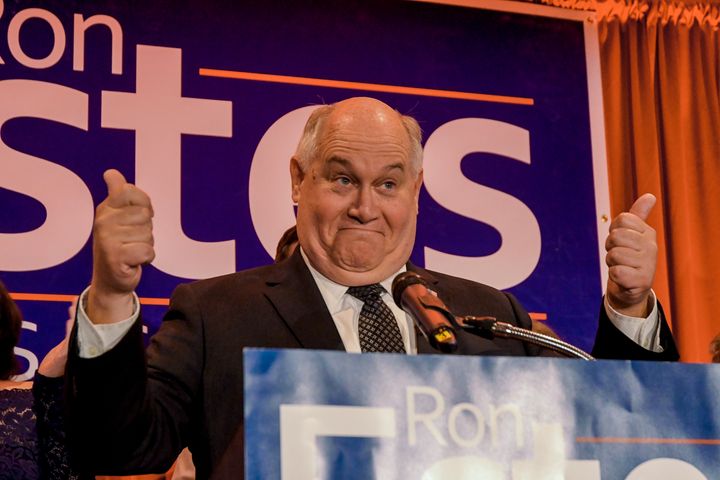 American politician and Kansas State Treasurer Ron Estes celebrates his congressional special election victory in Wichita, Kansas, on April 11, 2017.