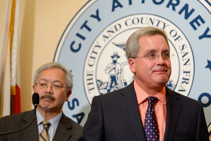 San Francisco Mayor Ed Lee and City Attorney Dennis Herrera announce the filing of a lawsuit against President Donald Trump's