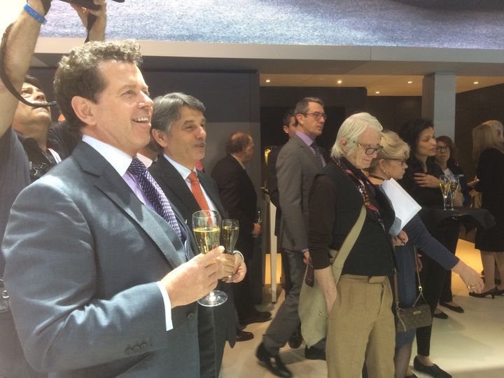 Gerry McGovern, Chief Design Officer (far left), and Dr. Ralf Speth (right, red tie), CEO, of Jaguar Land Rover, at Velar’s N. American debut. photo: Shane Kite