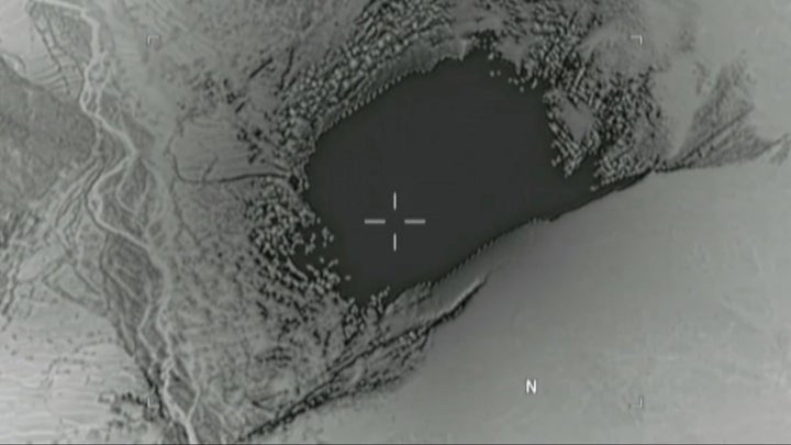This still image taken from a video released by the Defense Department shows the moment the bomb struck the eastern prov