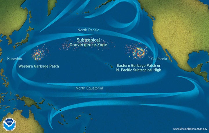 The NOAA Marine Debris Program map shows several "garbage patches" where ocean currents and atmospheric pressure push large concentrations of sea life and debris.