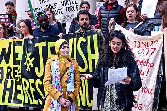 Women's March activist Linda Sarsour participates in JFREJ's rally.