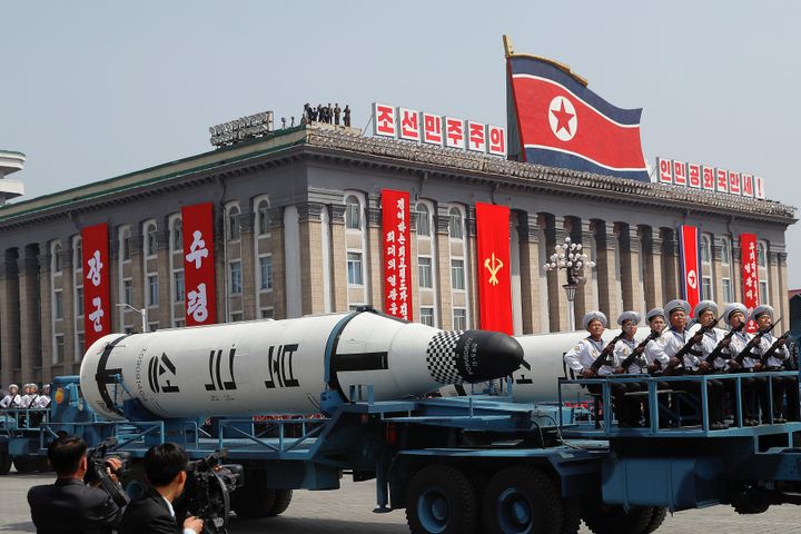 Military vehicles carry missiles during a military parade in Pyongyang, North Korea