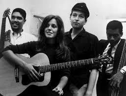 Langhorne, Carolyn Hester, Bob Dylan and Bill Lee (Spike’s Dad) at 1961 session for a Hester album.