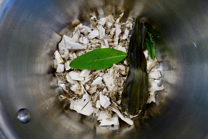 Stalk of hen-of-the-woods mushroom (maitake) with sage and kombu