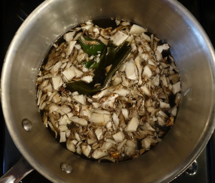 Simmered and steeped in chicken stock: a mushroomy broth for the risotto