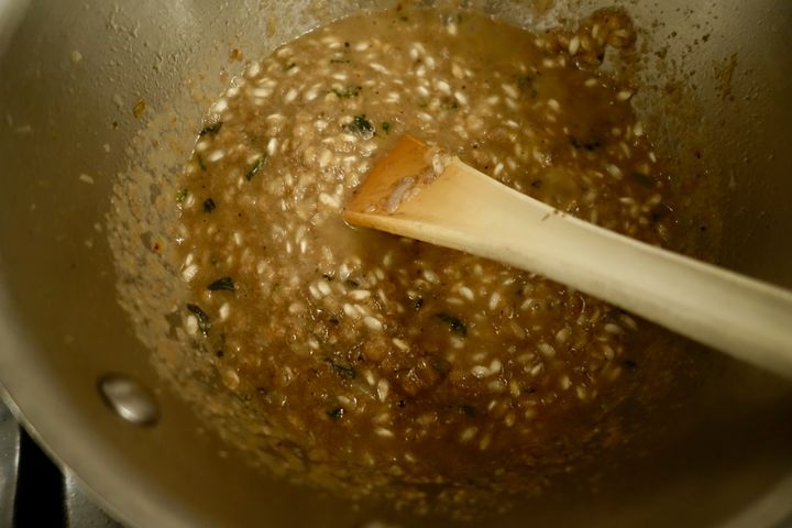 The puree goes into the risotto right after the rice and white wine