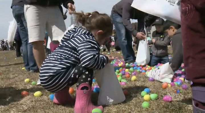 A little girl participates in an Easter Egg Drop in Ottawa, Canada on Saturday.