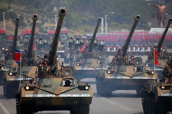 Korean People's howitzers appear during a military parade on Kim Il-Sung square in Pyongyang. 