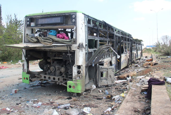 A picture taken on April 16, 2017, shows the damage a day after a suicide car bombing attack in Rashidin, west of Aleppo.