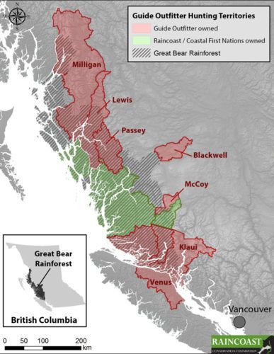 Map of Great Bear Rainforest and grizzly hunting territories.