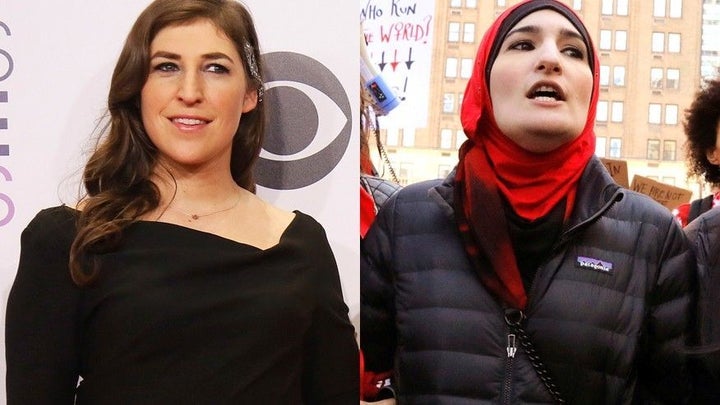 A side-by-side of Mayim Bialik (left) and Linda Sarsour (right).