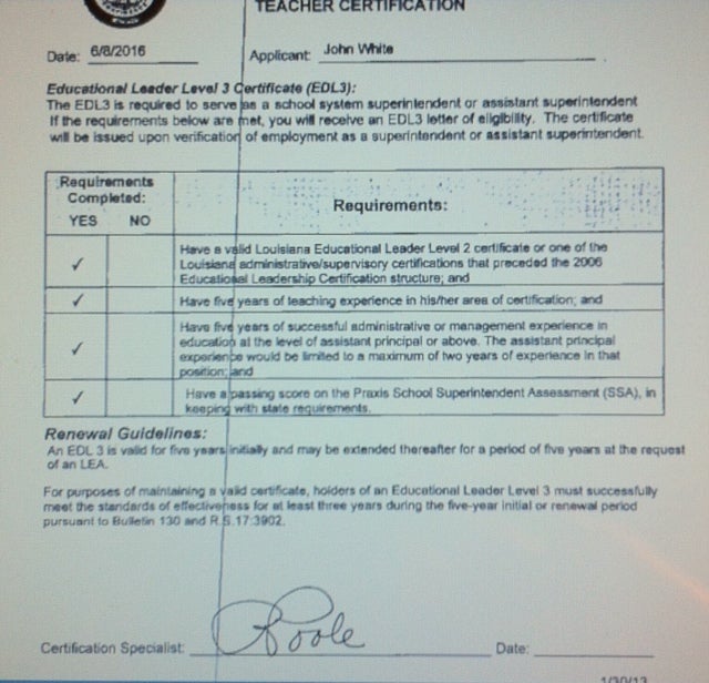 More from John White’ ed cert application.