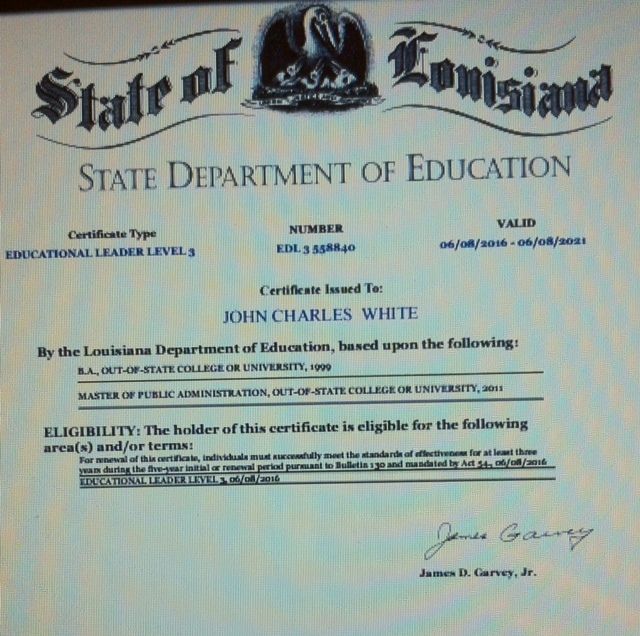 La. certificate purportedly certifying that John White has 5 years of teaching experience, and that in his area of certification.