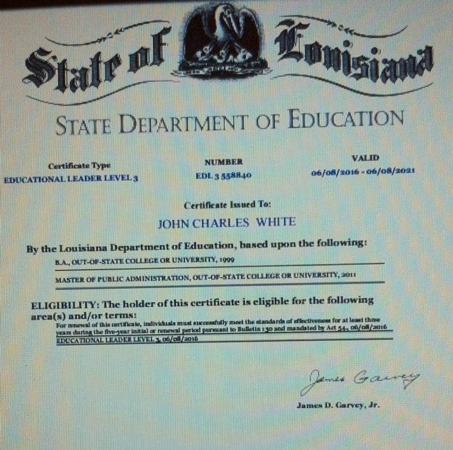 La. certificate purportedly certifying that John White has 5 years of teaching experience, and that in his area of certificat