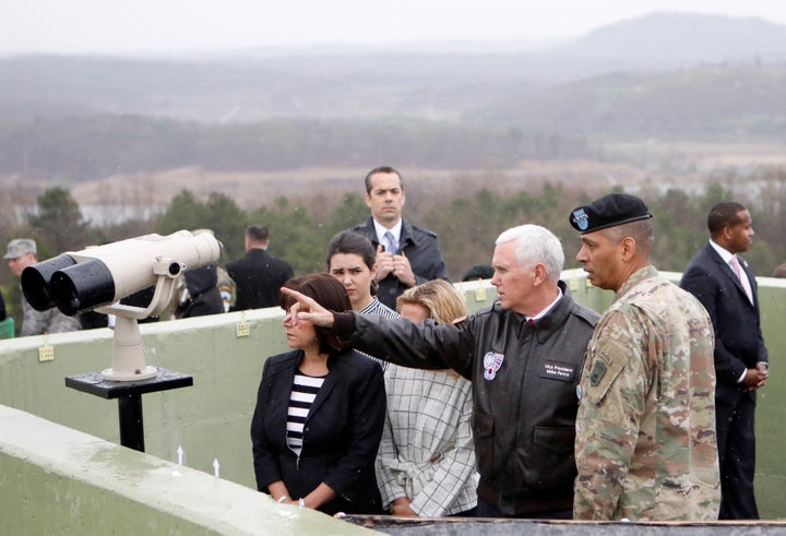 Vice President Mike Pence looks toward the north from an observation post inside the demilitarized zone separating the two Koreas, in Paju, South Korea, April 17, 2017.