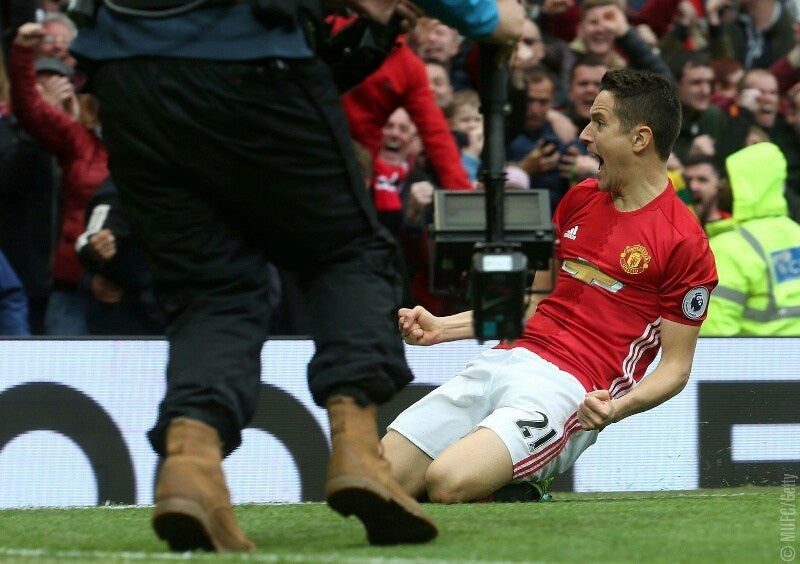 Man of the Match Ander Herrera celebrates after doubling Manchester United’s lead over Chelsea just after the start of the se