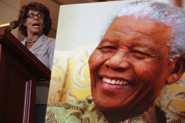 Waters delivers remarks during a ceremony to celebrate the life of Nobel Peace Prize laureate and former South Africa President Nelson Mandela on his 95th birthday in 2013.