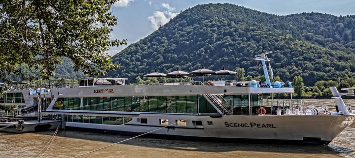 The Scenic Pearl, seen here at the dock where the Danube River makes a tight S-curve, at the village of Durnstein, a ten-minute walk uphill. Durnstein, Austria.