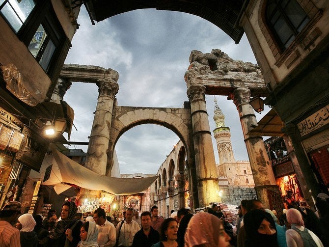 An image of pre-war Damascus, a Syrian city that includes ruins of ancient Roman structures.